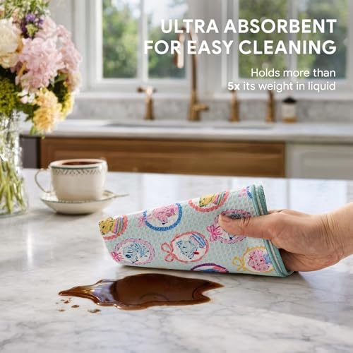 RECYCO Waffle Kitchen Towel Set of 2 - Quick Dry Microfiber Sustainable Dish Towels - Ultra Absorbent Reusable Cleaning Tea Towels - Lightweight Hand Towels,16”x 28”, Puppy Joy