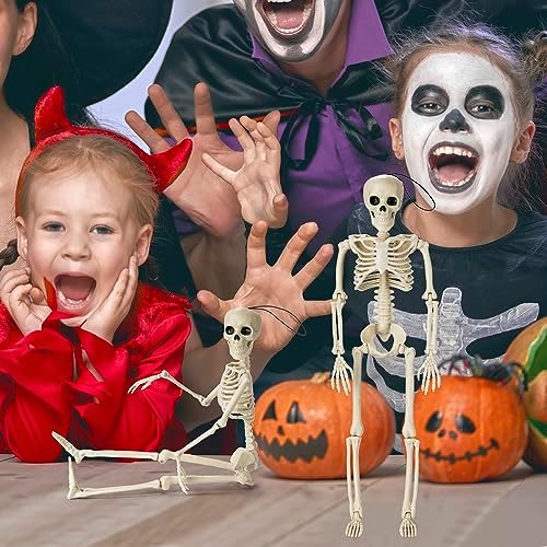 GoClimber 2 Pack Posable Small Halloween Skeleton, 16" Full Body Halloween Skeleton Decor with Movable Joints, Party Indoor Decorations