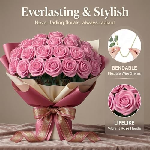 60 Pcs Pink Velvet Artificial Roses Flowers Real Looking Silk Faux Roses Bulk Long Stems for Wedding Centerpieces,DIY Floral Arrangements,Home Decor,Anniversary,Valentine's Day