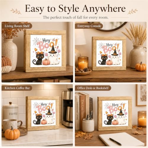 Halloween Wooden Sign, Hey Boo Ghost Witch and Black Cat Tabletop Decor