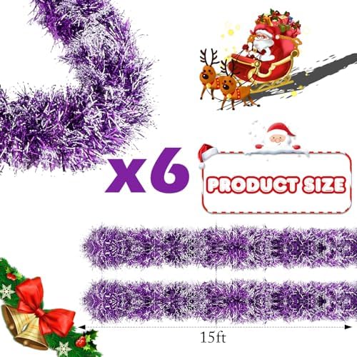 Shappy 90 ft 6 Rolls Christmas Tinsel Garland for Tree,Purple Frosted Tip