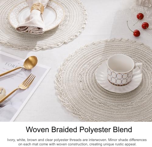 SHACOS Round Placemats Set of 6 Boho Braided Bordered Place Mats 15 inch for Dining Tables Wedding Holiday Party (Ivory Bordered, 6)