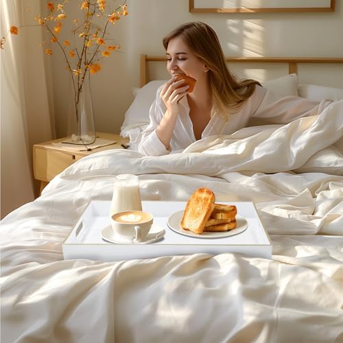 MAONAME White Decorative Tray for Coffee Table, Serving Tray with Handles