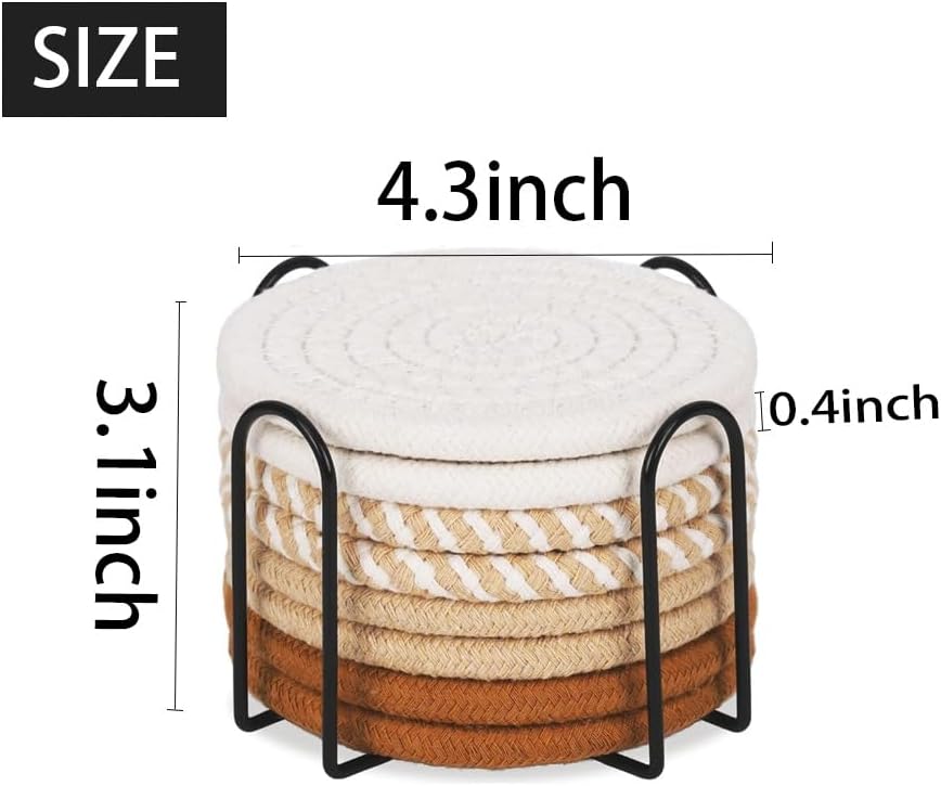 Metal Holder / Boho Woven Absorbent Coaster Set 8 Colors Heat Resistant Coasters / Set of 16