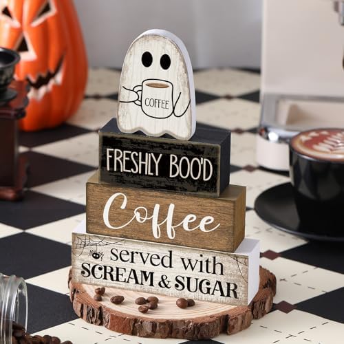 Lineshading 4 Pcs Halloween Coffee Table Decor Wooden Ghost Coffee Bar Sign