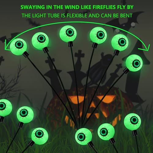 Dazzle Bright Halloween Decorations Outdoor, 2 Pack 12LED Solar Eyeball Pathway Lights, Scary Waterproof Solar Green Firefly Lights for Garden Lawn Yard Decor