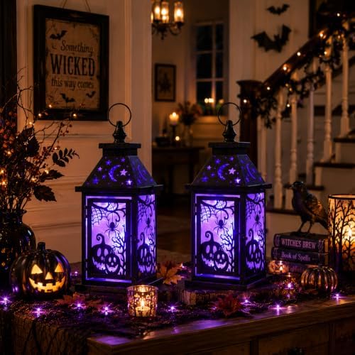 Halloween Decorations Indoor, Set of 2 Decorative 14.7" Spider&Pumpkin Candle Lantern with LED Lights(8 Modes), Hanging Spooky Halloween Lanterns, Outdoor Home Room Door Party Decor