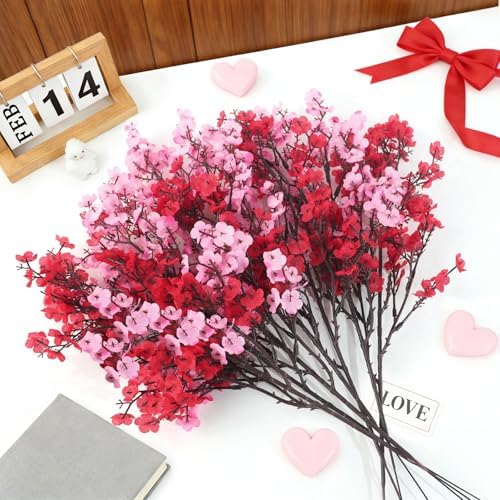 Uieke 12 Pcs Valentine’s Day Artificial Baby’s Breath Flowers, Red Pink Faux Gypsophila Bouquets Real Touch Silk Fake Flowers for Romantic Wedding, Anniversary, Party, Home Table Centerpiece Décor