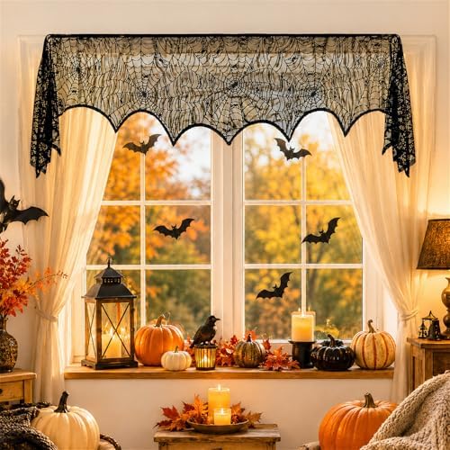 Halloween Fireplace Mantel Scarf,Lace Spiderweb Mantel,18 x 96 Inch