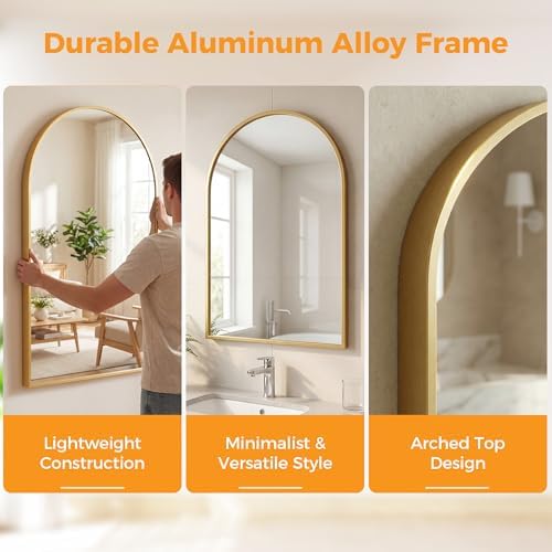 Arched Gold Bathroom Mirrors for Wall, 26x38-Inch Bathroom Mirror for Over Sink, Wall Vanity Mirror with Matte Metal