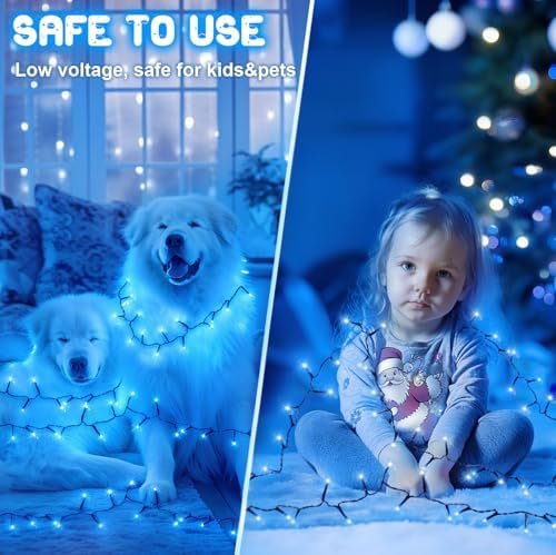 Blue Christmas Lights Outdoor Battery Operated String Lights Total 100LED 33Ft with Timer 8 Modes 16.4Ft*2 Waterproof Outdoor Indoor for Christmas Decor, Blue, 2-Pack