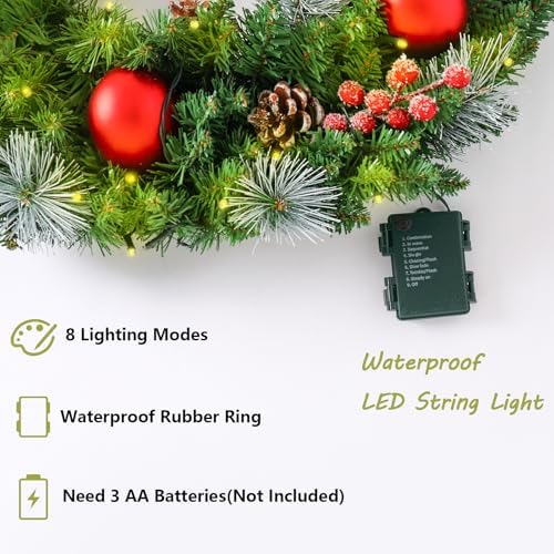 24 Inch Pre-Lit Artificial Christmas Wreath for Front Door, Christmas Door Decorations Wreath with LED Warm Lights, Balls, Pine Needles, and Red Berries Wall Windows Ornament