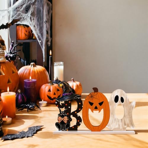 Smile Halloween Wooden Standing Decor Set Ghost Pumpkin and Black Cat