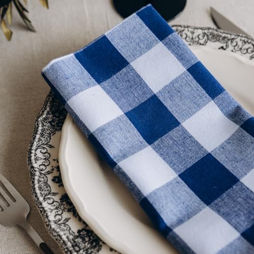 Navy Blue Cloth Napkins - Reusable Navy Blue and White Cotton Napkins - 100% Cotton, 12 Pack - 20"x20", Washable, Plaid Gingham Pattern, Perfect for BBQ, Parties and Small Get-Togethers (Blue)