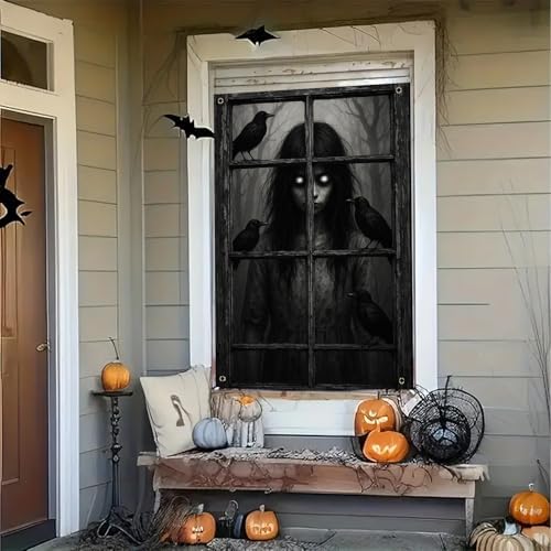 BlissYard Halloween Crow Girl Window Cover 31x47 Inch Polyester Decoration