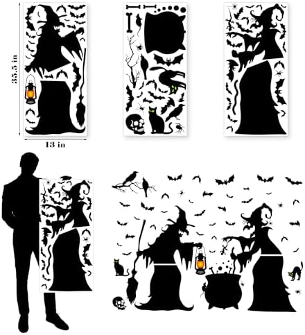 Halloween Decorations Window Clings Decor - Large Witches with Cauldron Bats Spider Black Cat Silhouette Halloween Window Stickers Decals for Home Indoor Outdoor Office Party Supplies