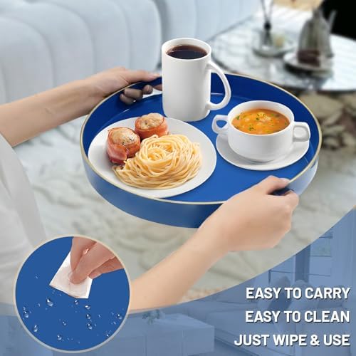 MAONAME 13" Blue Decorative Tray, Plastic Round Serving Tray with Handles