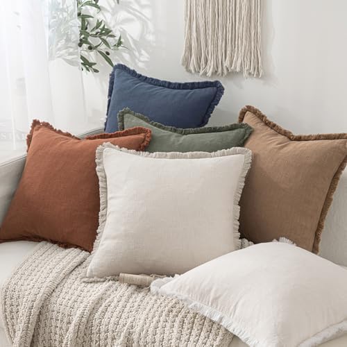 MIULEE Linen Fringe Decorative Euro Pillow Covers Natural Beige 22x22