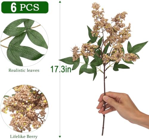 Daynight 6 Pcs Artificial Berry Stem for Vase, 17 in Faux Nandina Branches Fall Floral Picks Fake Realistic Berry Spray for Wedding Autumn Farmhouse Home Decor (6, White, 17Inch)