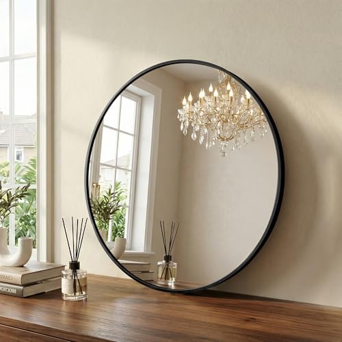28 Inch Black Round Bathroom Wall Mirror, Round Mirrors for Wall Decor, Circle Mirror for with HD Shatter-Proof Glass