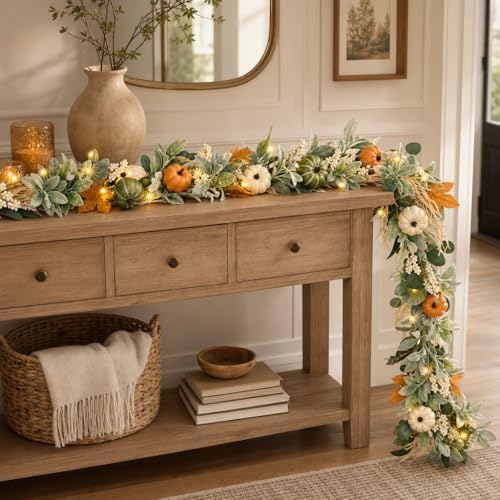 2 Pcs Fall Garland for Mantel, 6 FT Fall Garland with Lights