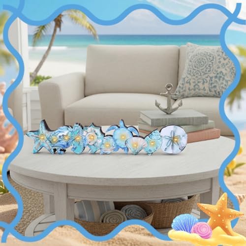 Yousoontic Summer Ocean Table Decorations with LED Lights, 3D Coastal Wooden Centerpieces for Tables, Nautical Starfish Turtles Beach Table Decor for Home Mantel Desk, Summer Party Decorations