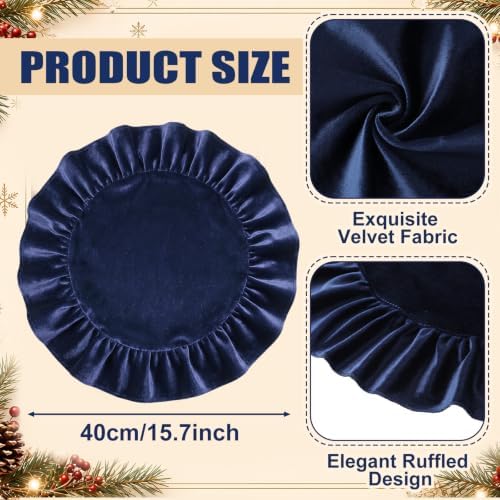 FoldTier 6 Pcs Christmas Navy Blue Velvet Placemat Round Ruffles Placemat