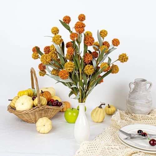 Yawwind 6 PCs Artifical Fall Flowers 17 Inches Fall Floral Picks Faux Autumn Branches with Craspedia Billy Balls Flowers for Vase Table Centerpieces Living Room Indoors Decor (Orange and Yellow)