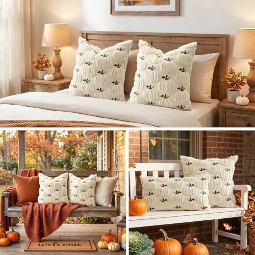 Artscope Fall Pumpkin Throw Pillow Covers 20x20 Set of 2, Autumn Soft Plush Faux Fur Decoration Cushion Covers for Thanksgiving Holiday Couch Sofa Bedroom Home Decor-Beige