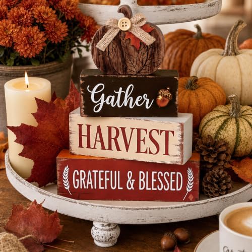 PAPER FAIR Fall Wood Block Sign, Rustic Autumn Pumpkin Stacked Table Centerpiece, Gather Harvest Grateful Blessed Farmhouse Tiered Tray Decor, Thanksgiving Home Mantel Desk Decoration