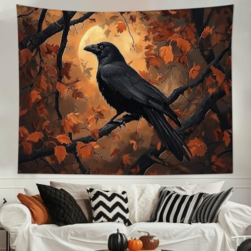 HVEST Fall Halloween Tapestry Wall Hanging Spooky Black Crow on Tree Branch Wall Art Orange Full Moon and Autumn Maple Leaf Tapestry for Bedroom Living Room Dorm Wall Decor, 70.9L X 92.5W inches