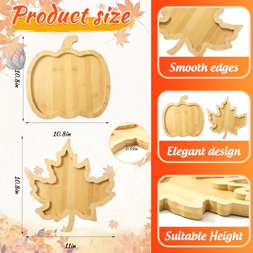 Whaline 2 Pcs Fall Serving Trays Pumpkin Maple Leaf Serving Platters Autumn Wooden Charcuterie Boards for Thanksgiving Halloween Harvest Home Party Food Supplies