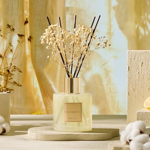 COCORRÍNA Reed Diffuser - Clean Linen 17 Fl.oz Reed Diffuser with 8 Sticks Scented Diffuser with Preserved Flowers for