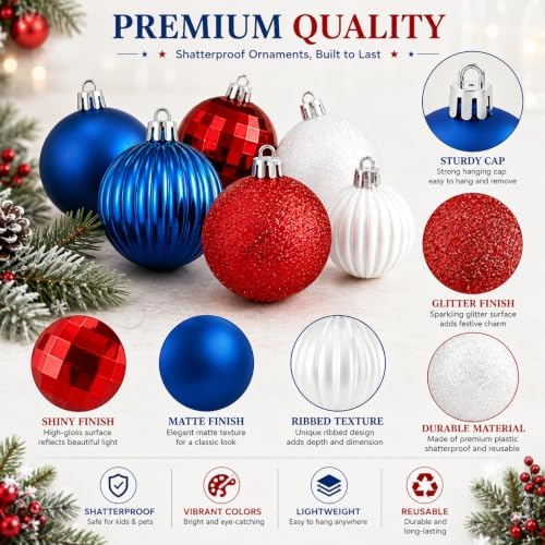 Lunmon 64 Pcs Red White and Blue Christmas Ornaments Patriotic Xmas Balls