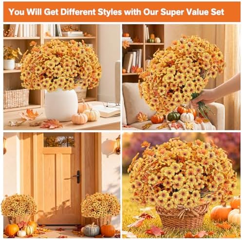 22 Pack Artificial Fall Flowers Mums for Outdoor Indoor(Fall Yellow)