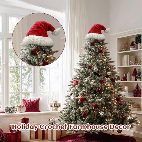 Syhood Christmas Tree Topper Red Crochet Santa Hat Farmhouse Holiday Xmas Decor for Christmas Tree Ornament Party Decoration