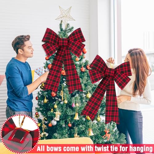 2 PCS Xmas Decorations, Red Black Buffalo Plaid Large Christmas Bows, 12 × 18 IN Christmas Tree Bow PVC Large Red Christmas Bows Indoor Outdoor Xmas Hanging Christmas Wreath Bows for Fence Fireplace