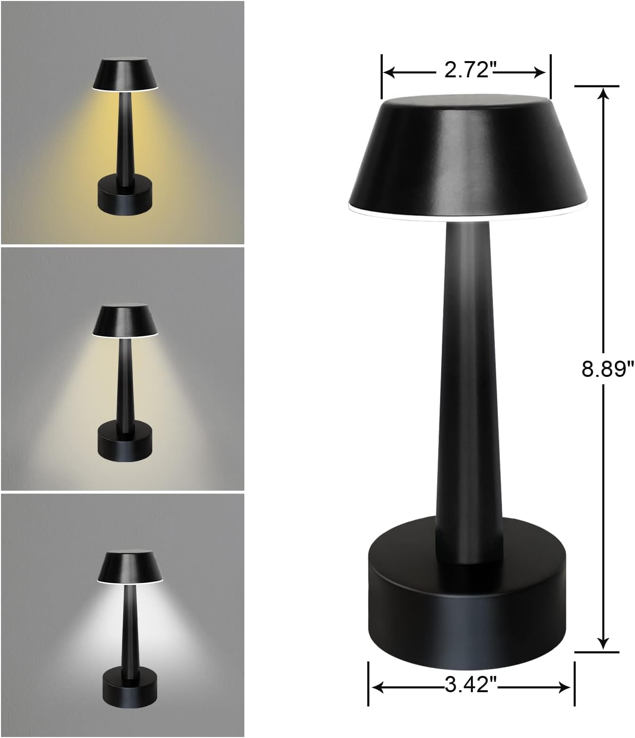 UMEXUS 8.8'' Small Cordless Batttery Operated Table Lamp for Restaurant Bar | Rechargeable 3-Way Stepless Dimmable