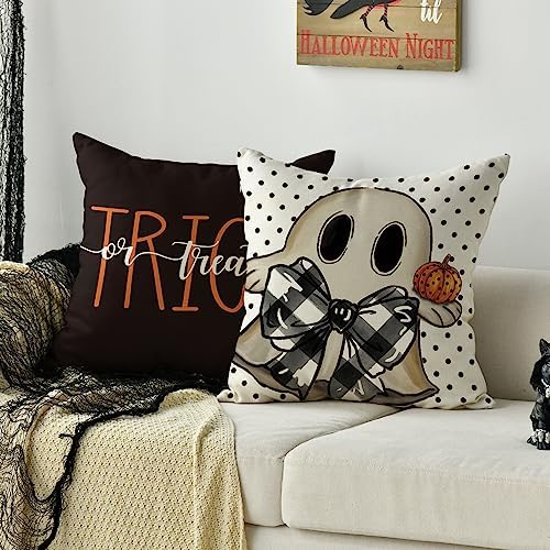 AVOIN colorlife Happy Halloween Cute Ghost Trick or Treat Throw Pillow Covers, 16 x 16 Inch Polka Dot Pumpkin Bat Cushion Case for Sofa Couch Set of 4 Black