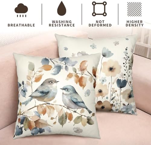 Fall Flower Bird Chinoiserie Pillow Covers 24x24 Set of 2 Burnt Orange and Blue Flowers Leaves Decorative Throw Pillows Covers Autumn Outdoor Cushion Cases for Home Couch Sofa