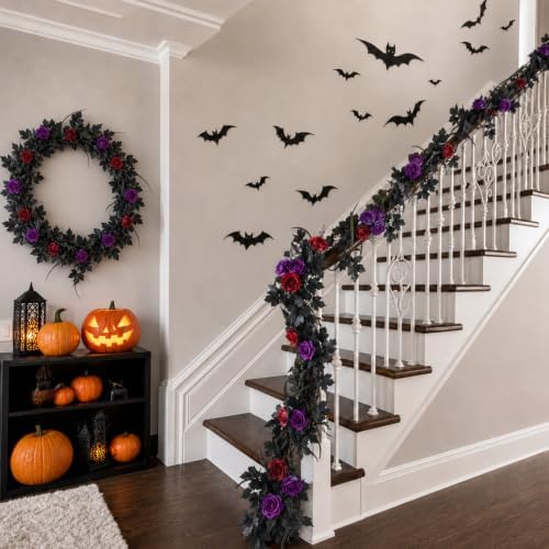 Mega-L Halloween Garland, 2 Pack Black Maple Leaf with Rose Halloween Decor