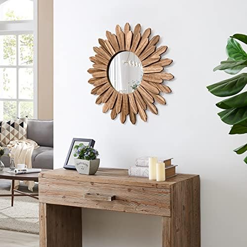 Honiway Mirror Wall Decor 21 inch Rustic Wood Boho Aesthetic Mirror for Room & Home Decor Farmhouse Wall Decor at