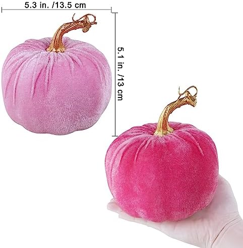 Winlyn 4 Pcs Assorted Faux Pink Velvet Pumpkins Decorative Fabric Pumpkins 5" for Gifts Fall Wedding Baby Shower Thanksgiving Halloween Table Centerpiece Mantel Bowl Farmhouse Decor