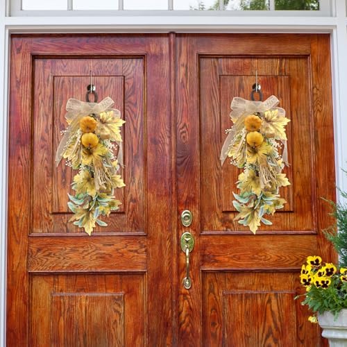 Suncalla 2 Pcs Fall Pumpkin Teardrop Swag 20" Front Door Maple Leaf