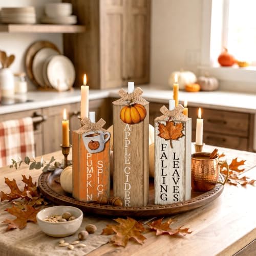 GlikCeil 3 Pcs Fall Table Decor, Wooden Maple Leaf Pumpkin Decoration