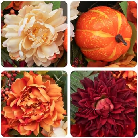 24 InchFall Wreaths for Front Door Autumn Wreath with Peony, Pumpkins