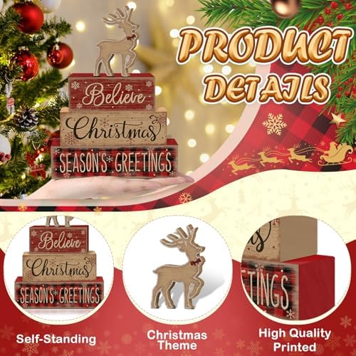Britimes Tiered Tray Decor Set, 4 Pack, Wooden, Farmhouse Rustic Reindeer