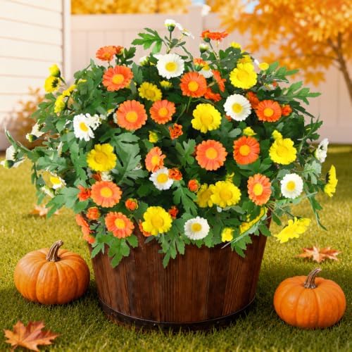 INQCMY Fall Artificial Mums Flowers for Outdoors Planter Fake Plants 6 PCS