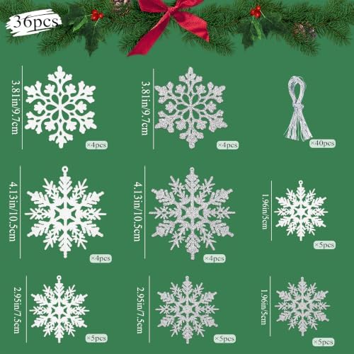 White and Silver Christmas Snowflake Ornaments- 36Pcs Plastic Glitter Hanging Snow Flakes for Christmas Tree Decorations Winter Wonderland Frozen Birthday Party Holiday Home Decor Craft Snowflakes