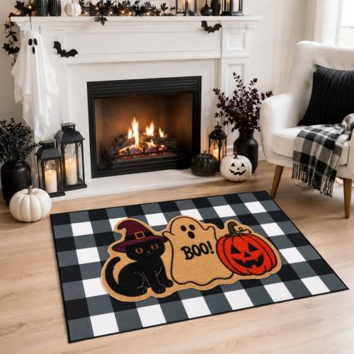 2 Pcs Halloween Welcome Door Mat-Black Cat Ghost Pumpkin Coir Door Mat Set